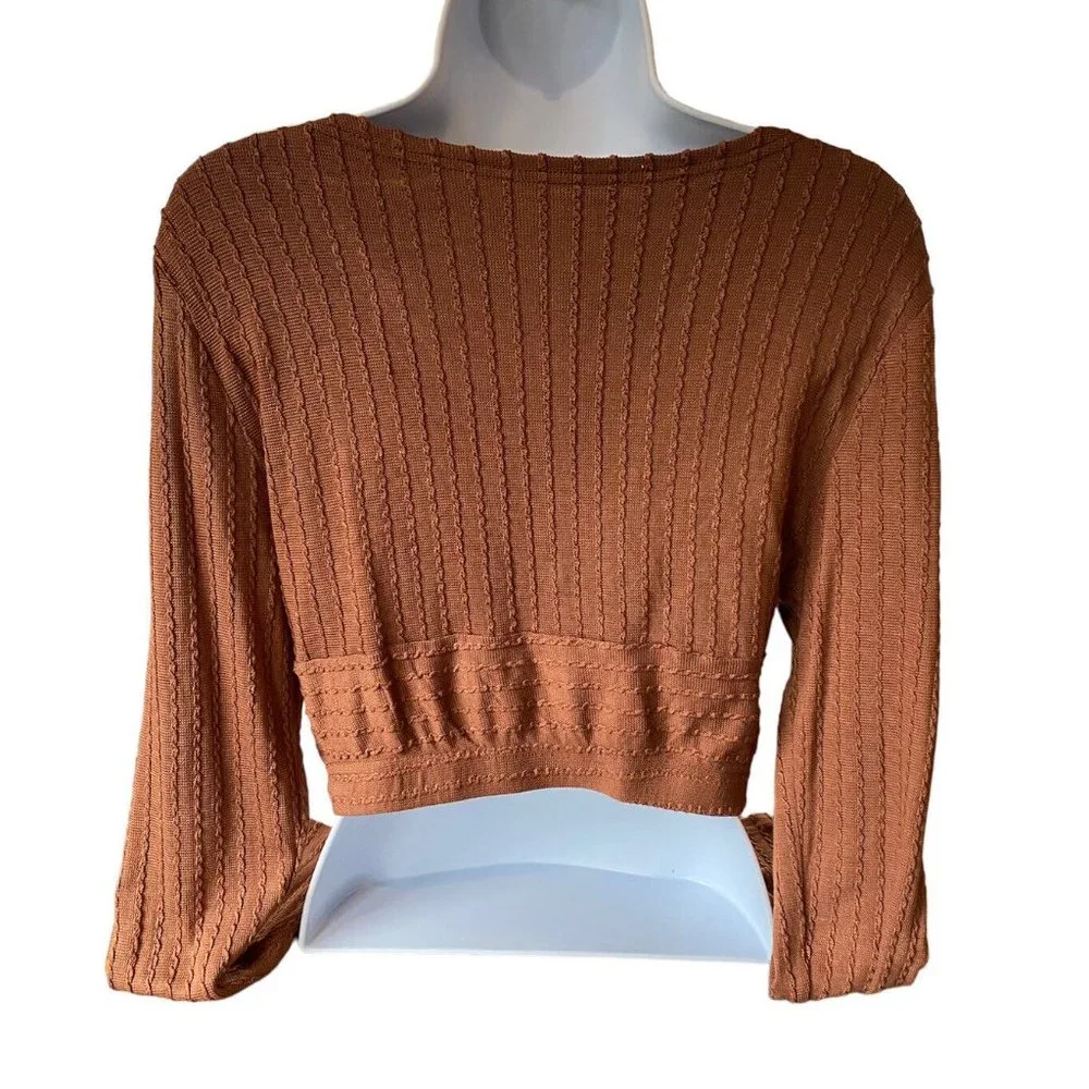 Shein Shirt Women's Large Long Sleeve Crop Front Wrap Stretchy Brown Top V Neck